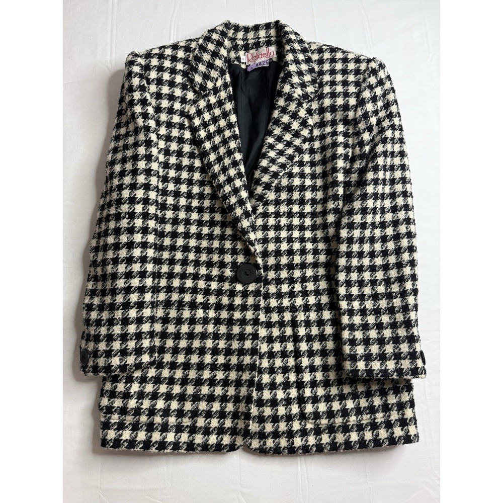 Vintage Rafaella Petites Black White Wool Houndstooth Women's Blazer Jacket 8